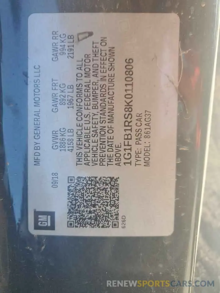 13 Photograph of a damaged car 1G1FB1RS8K0110806 CHEVROLET CAMARO 2019