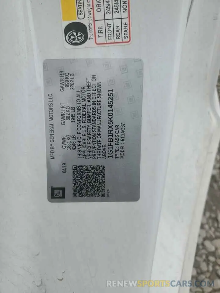 12 Photograph of a damaged car 1G1FB1RX5K0145251 CHEVROLET CAMARO 2019