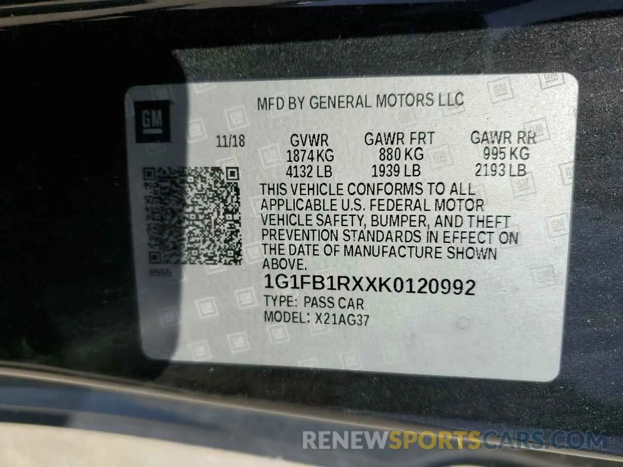 12 Photograph of a damaged car 1G1FB1RXXK0120992 CHEVROLET CAMARO 2019