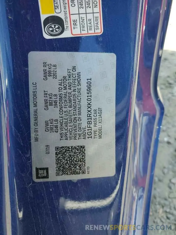 12 Photograph of a damaged car 1G1FB1RXXK0159601 CHEVROLET CAMARO 2019