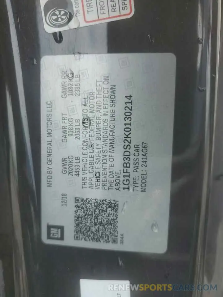 12 Photograph of a damaged car 1G1FB3DS2K0130214 CHEVROLET CAMARO 2019