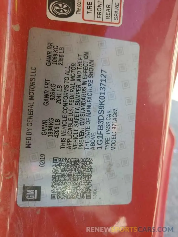 12 Photograph of a damaged car 1G1FB3DS9K0137127 CHEVROLET CAMARO 2019