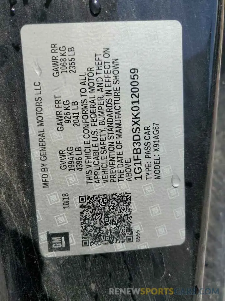 12 Photograph of a damaged car 1G1FB3DSXK0120059 CHEVROLET CAMARO 2019