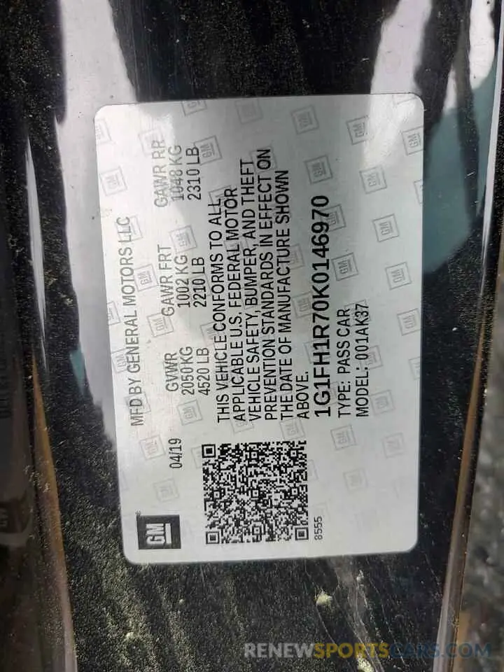 12 Photograph of a damaged car 1G1FH1R70K0146970 CHEVROLET CAMARO 2019