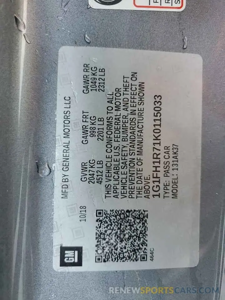 12 Photograph of a damaged car 1G1FH1R71K0115033 CHEVROLET CAMARO 2019