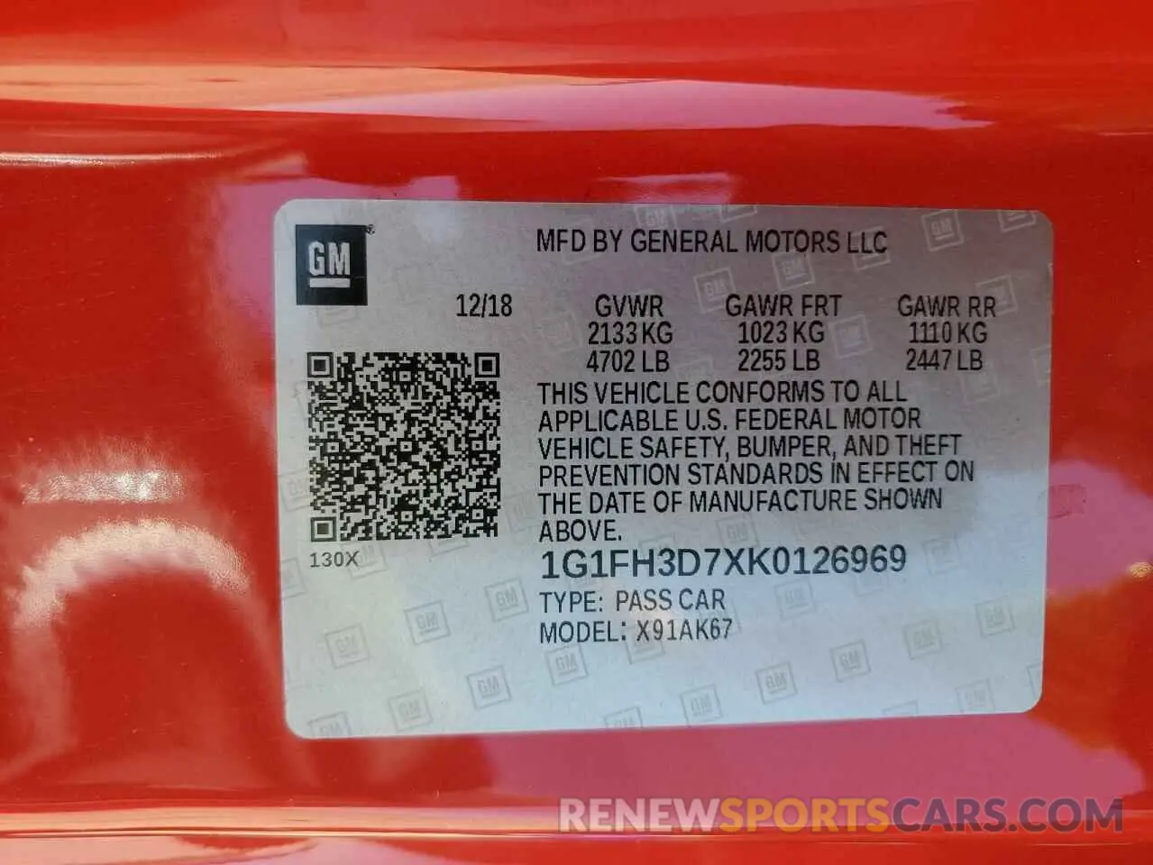 12 Photograph of a damaged car 1G1FH3D7XK0126969 CHEVROLET CAMARO 2019