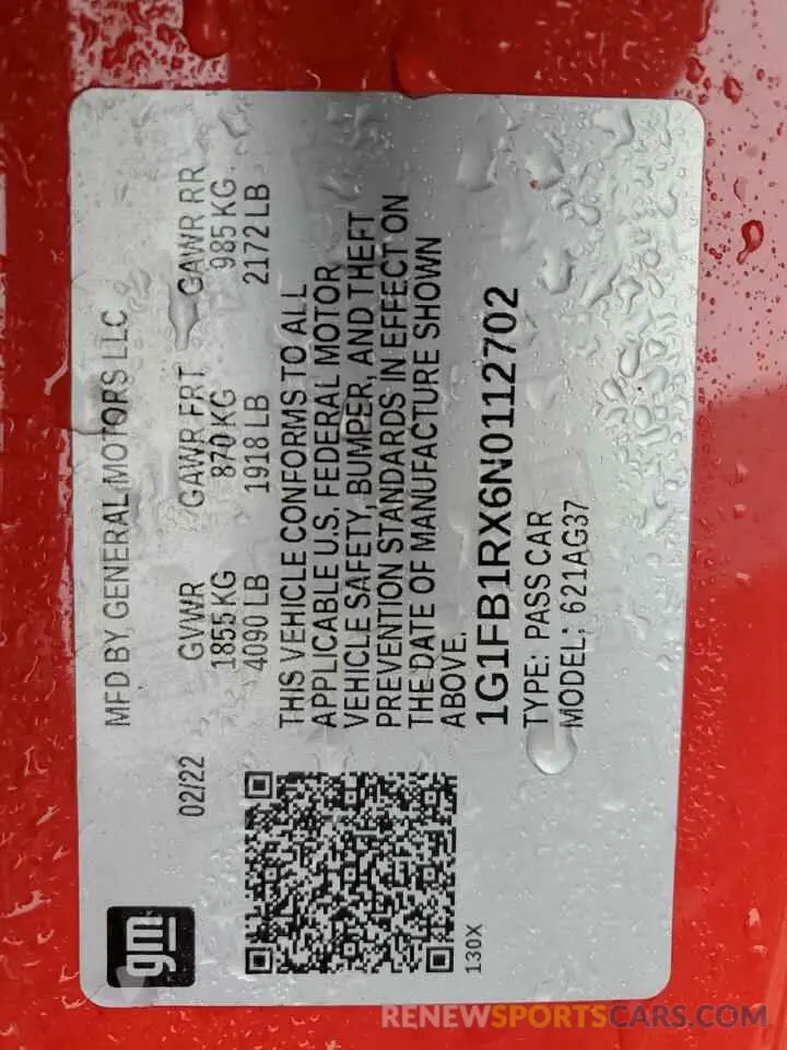 13 Photograph of a damaged car 1G1FB1RX6N0112702 CHEVROLET CAMARO 2022