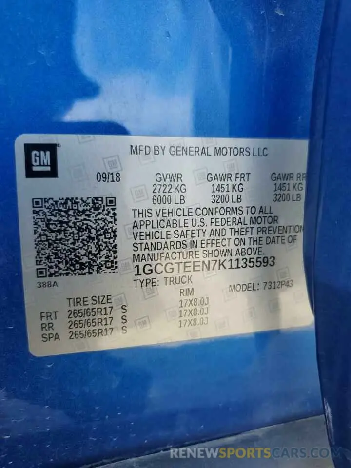 12 Photograph of a damaged car 1GCGTEEN7K1135593 CHEVROLET COLORADO 2019