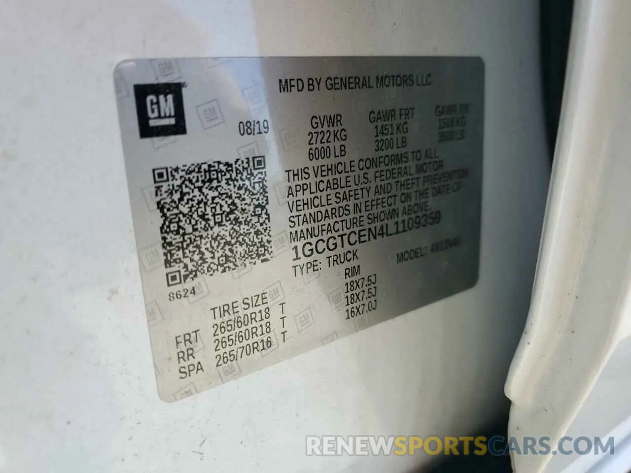 12 Photograph of a damaged car 1GCGTCEN4L1109359 CHEVROLET COLORADO 2020