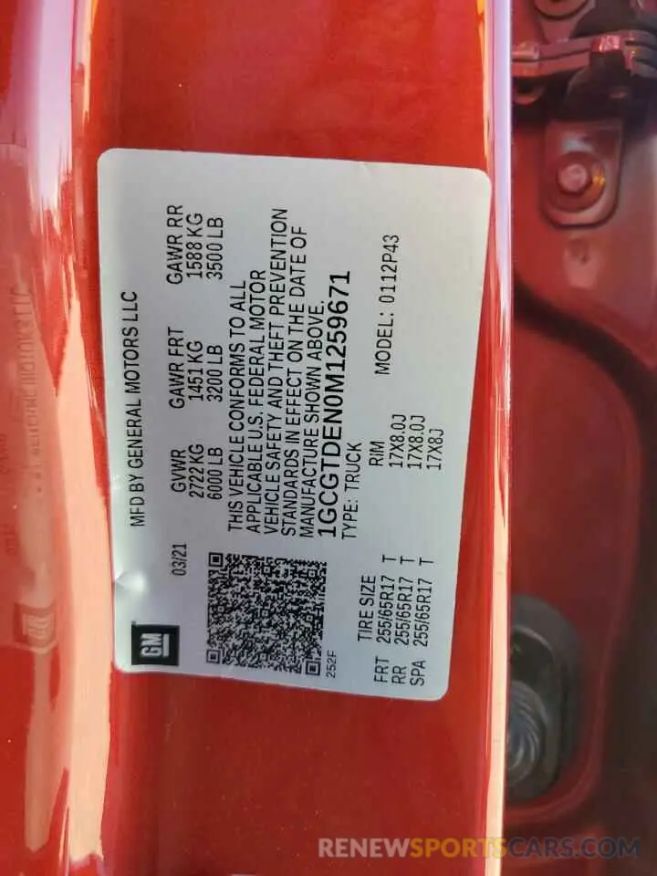 12 Photograph of a damaged car 1GCGTDEN0M1259671 CHEVROLET COLORADO 2021