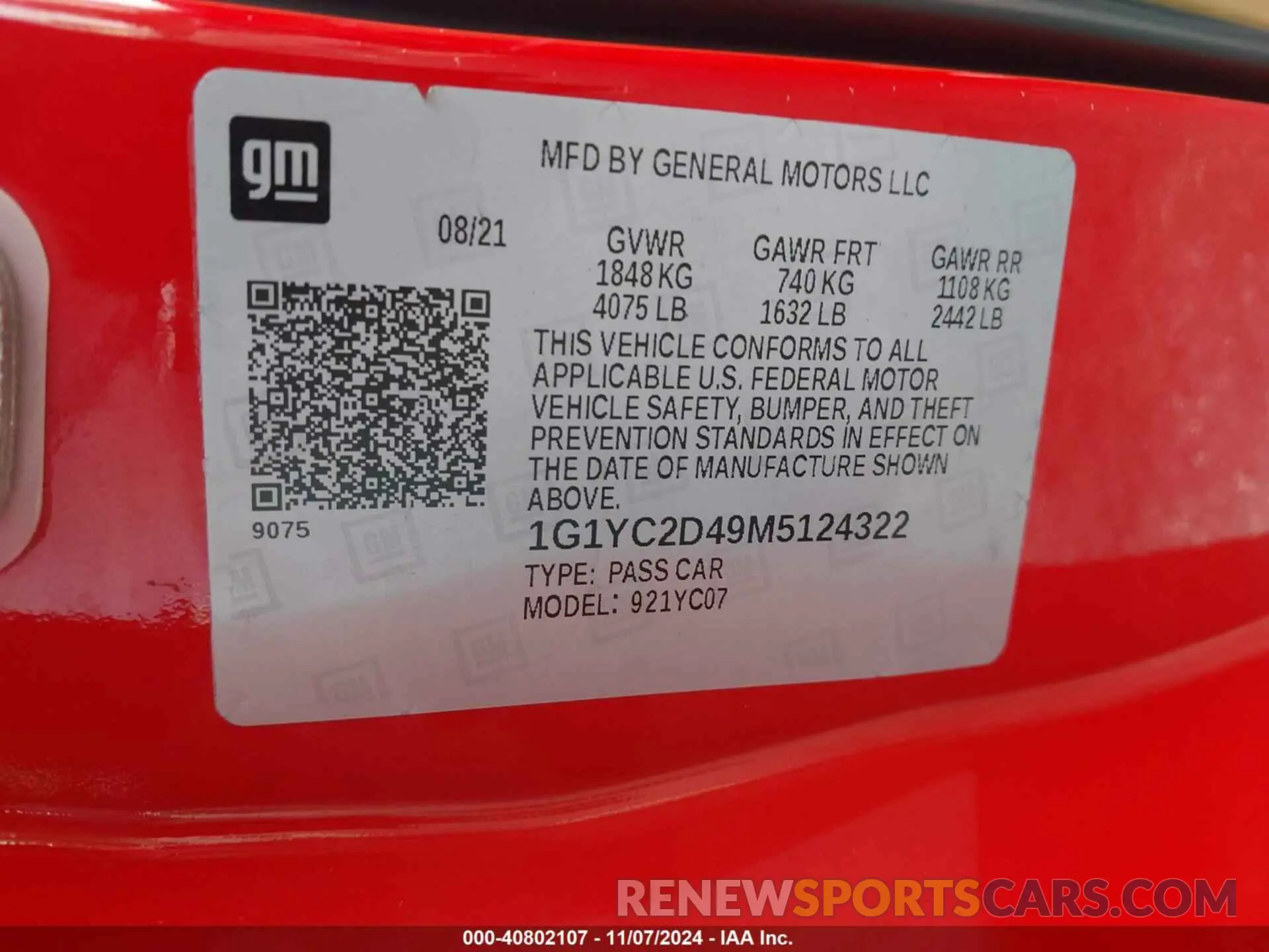 9 Photograph of a damaged car 1G1YC2D49M5124322 CHEVROLET CORVETTE STINGRAY 2021