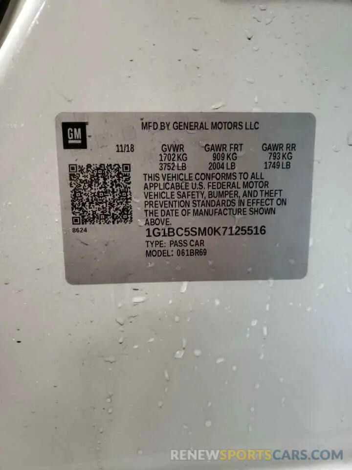 12 Photograph of a damaged car 1G1BC5SM0K7125516 CHEVROLET CRUZE 2019