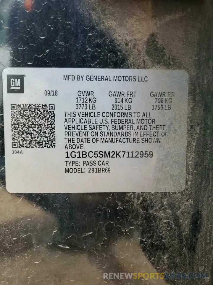 12 Photograph of a damaged car 1G1BC5SM2K7112959 CHEVROLET CRUZE 2019