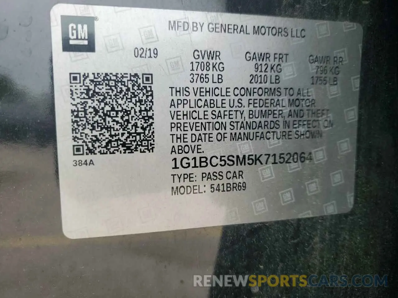 12 Photograph of a damaged car 1G1BC5SM5K7152064 CHEVROLET CRUZE 2019