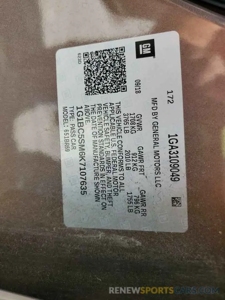13 Photograph of a damaged car 1G1BC5SM6K7107635 CHEVROLET CRUZE 2019