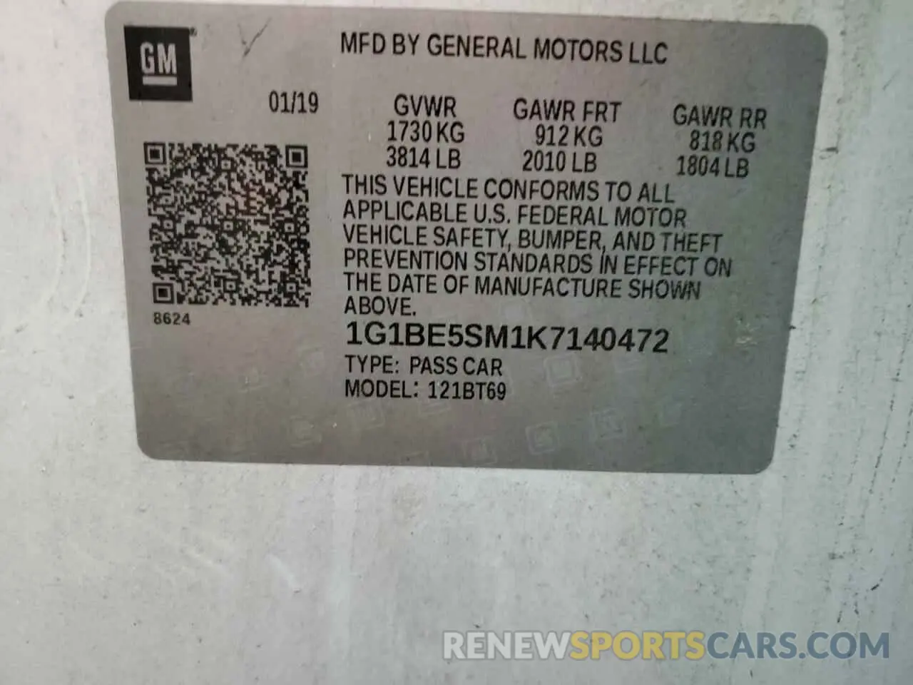 13 Photograph of a damaged car 1G1BE5SM1K7140472 CHEVROLET CRUZE 2019