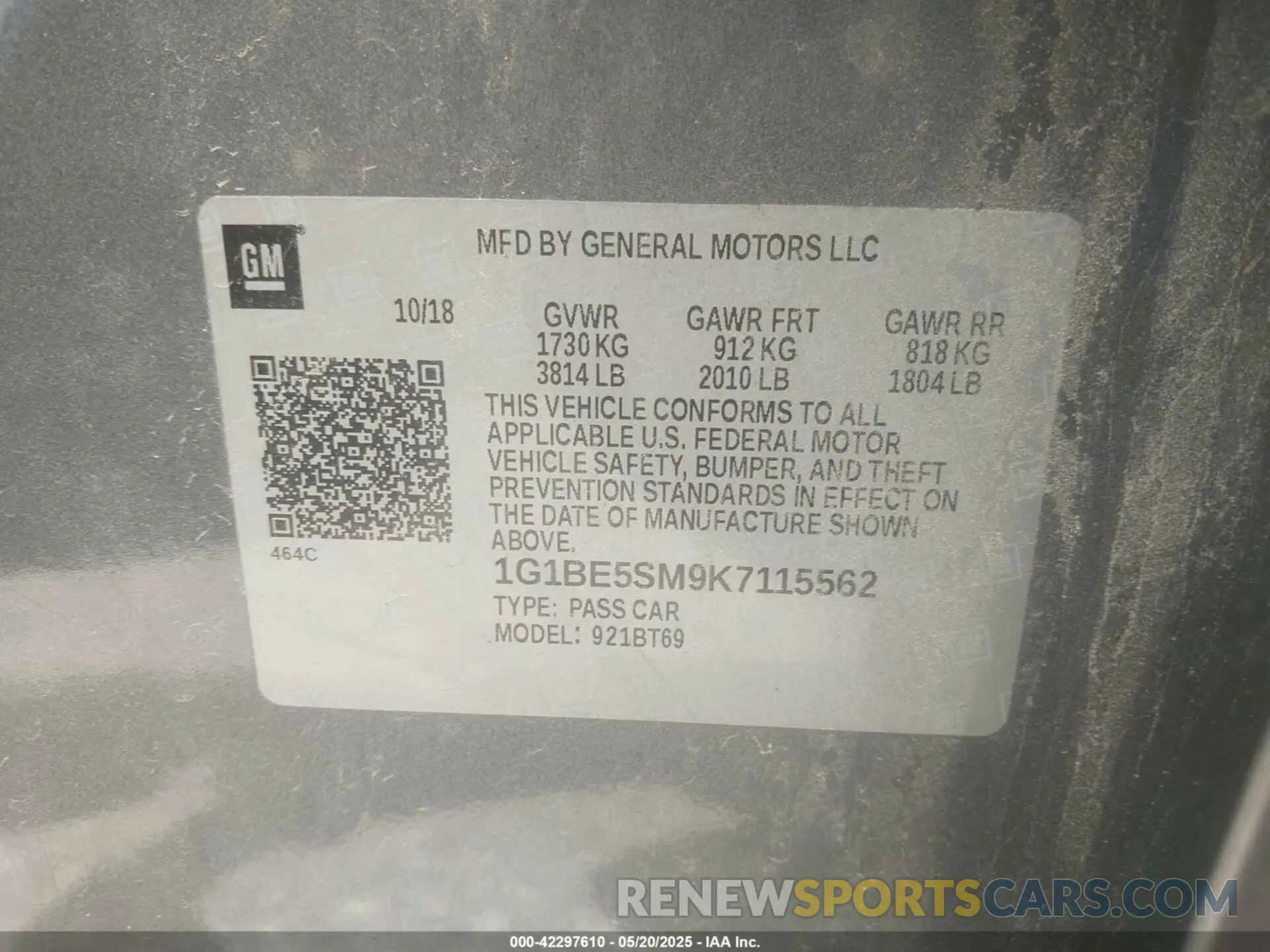 9 Фотография поврежденного автомобиля 1G1BE5SM9K7115562 CHEVROLET CRUZE 2019