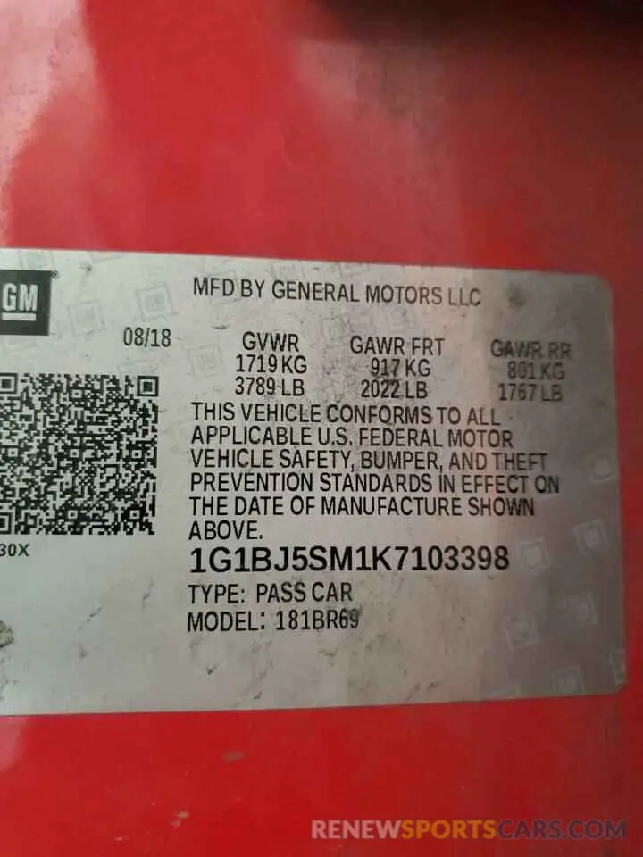 12 Photograph of a damaged car 1G1BJ5SM1K7103398 CHEVROLET CRUZE 2019