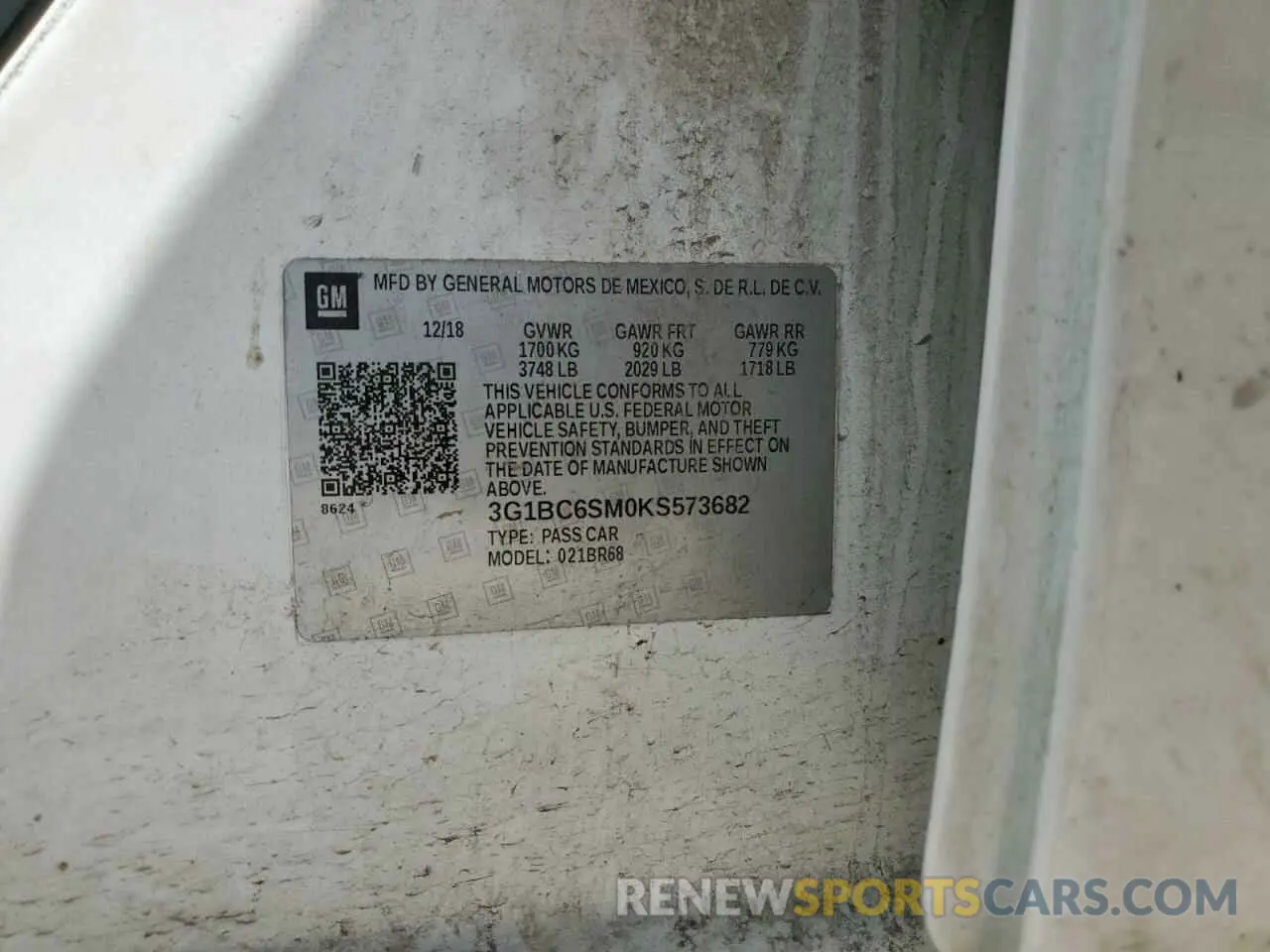 13 Photograph of a damaged car 3G1BC6SM0KS573682 CHEVROLET CRUZE 2019