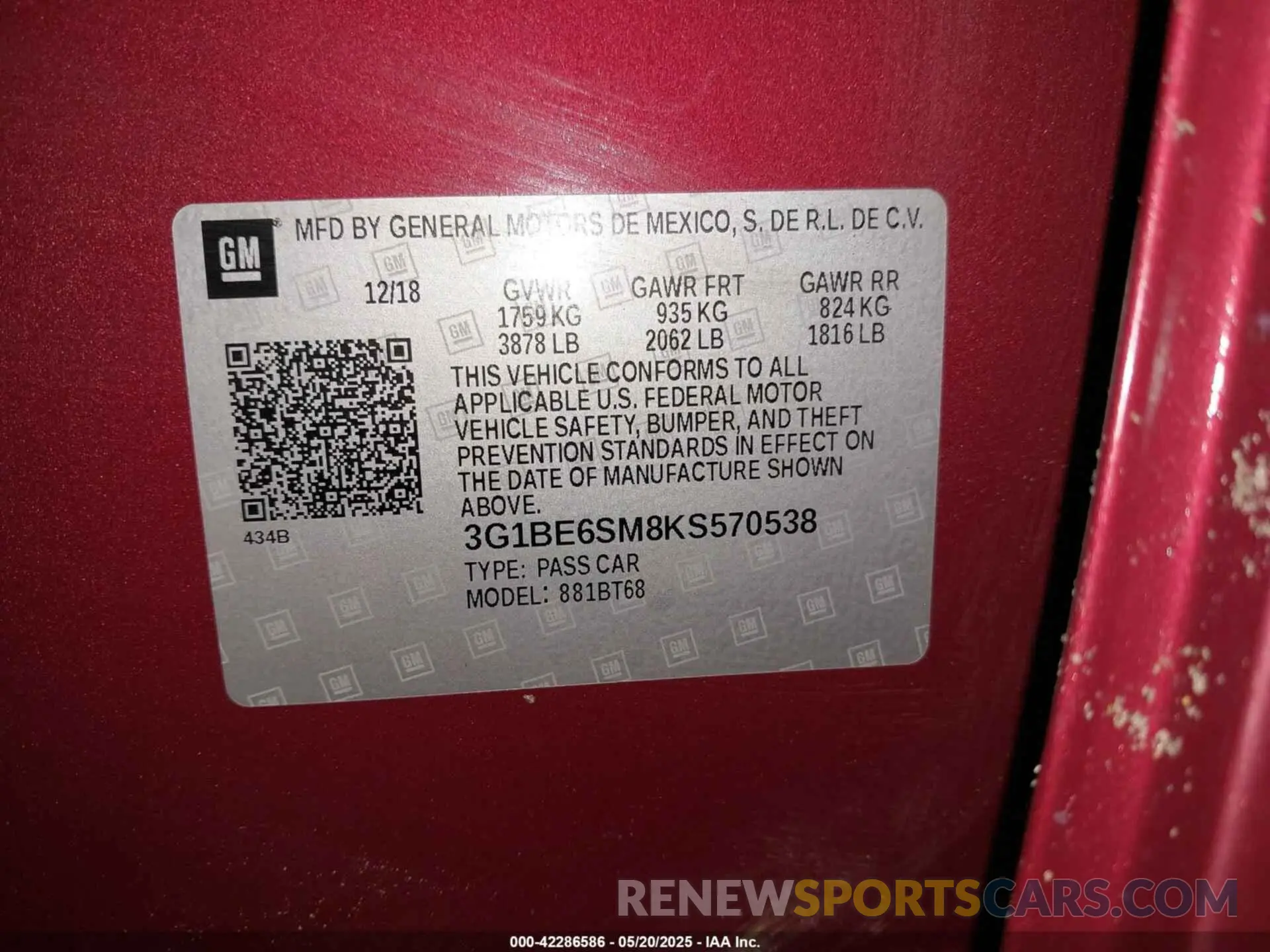 9 Фотография поврежденного автомобиля 3G1BE6SM8KS570538 CHEVROLET CRUZE 2019