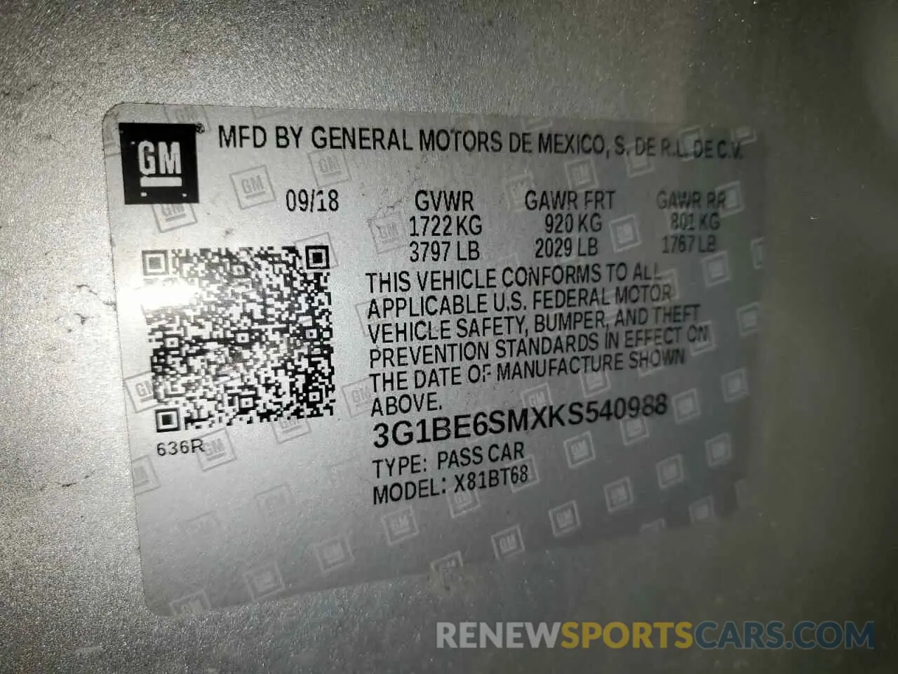 13 Фотография поврежденного автомобиля 3G1BE6SMXKS540988 CHEVROLET CRUZE 2019