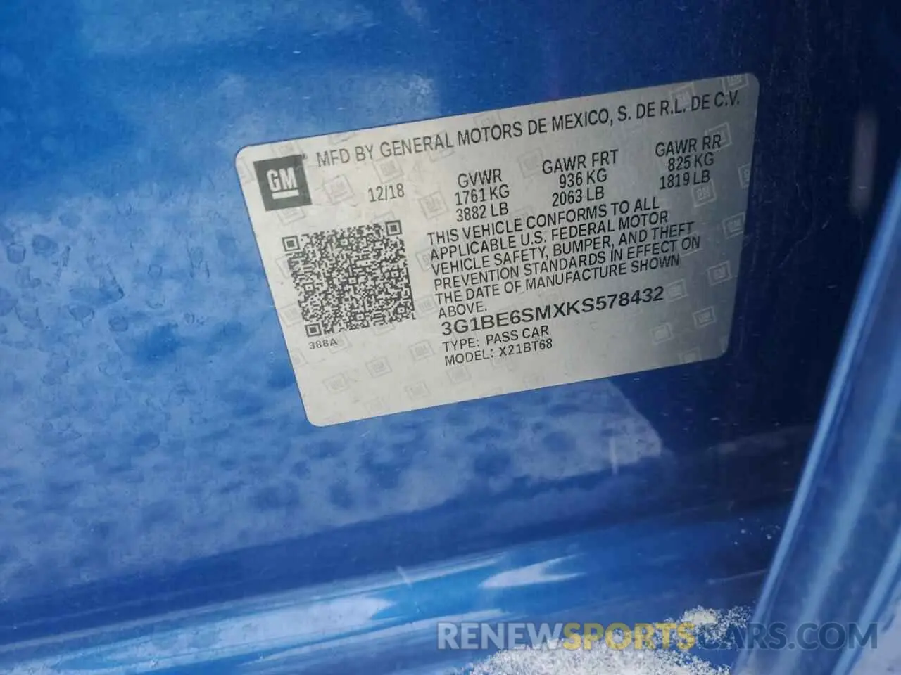 12 Photograph of a damaged car 3G1BE6SMXKS578432 CHEVROLET CRUZE 2019