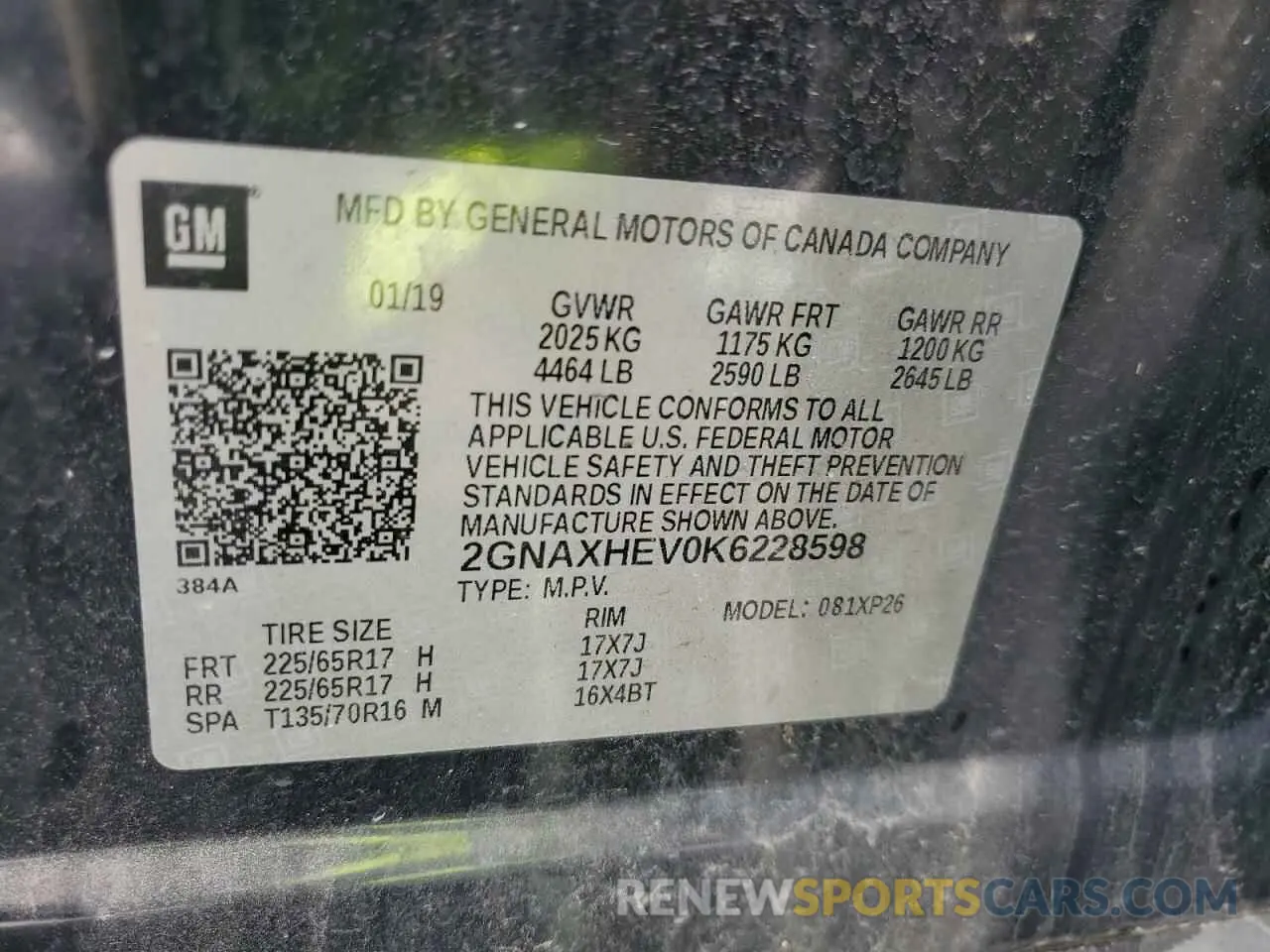 13 Фотография поврежденного автомобиля 2GNAXHEV0K6228598 CHEVROLET EQUINOX 2019