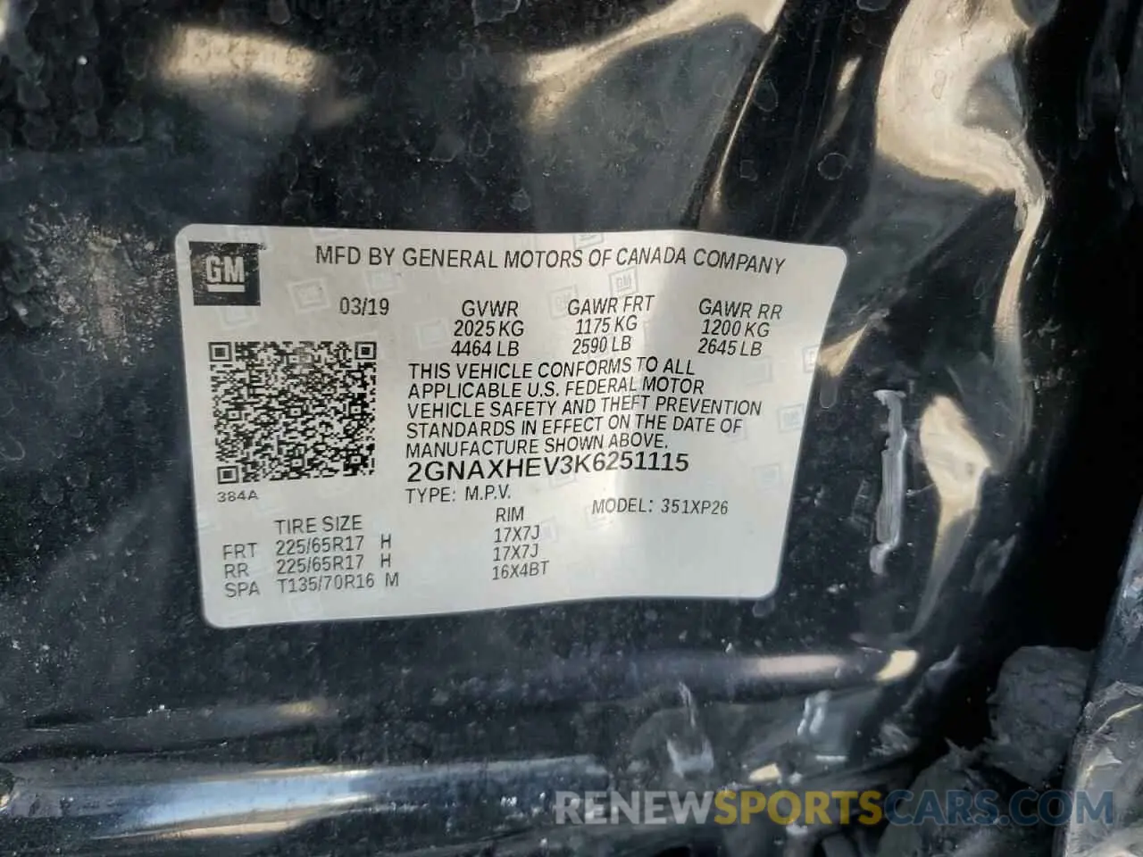 15 Photograph of a damaged car 2GNAXHEV3K6251115 CHEVROLET EQUINOX 2019