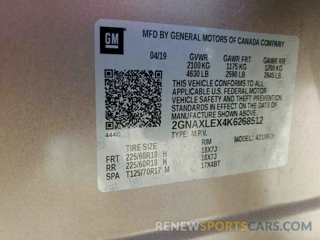 12 Photograph of a damaged car 2GNAXLEX4K6268512 CHEVROLET EQUINOX 2019