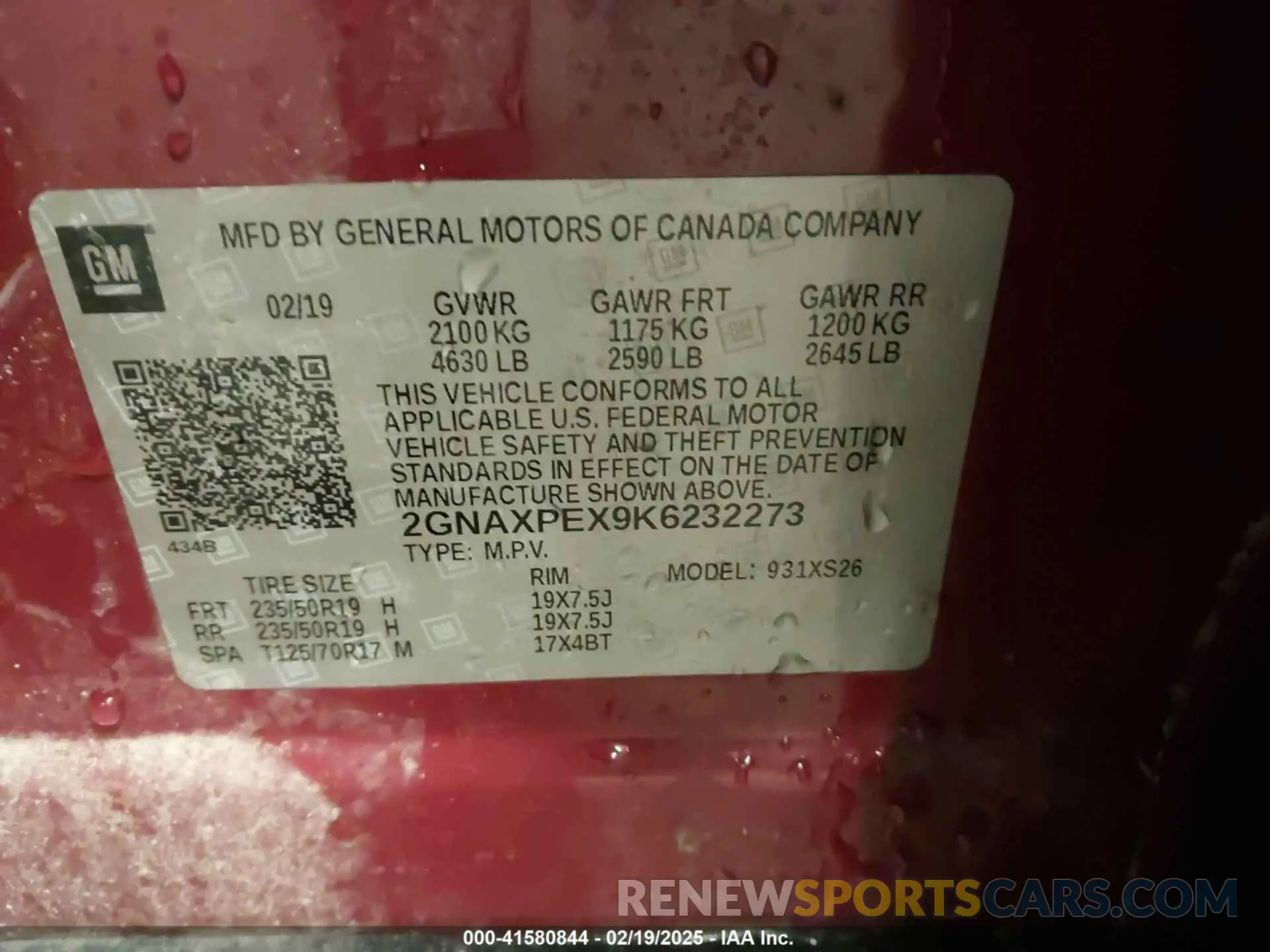 9 Photograph of a damaged car 2GNAXPEX9K6232273 CHEVROLET EQUINOX 2019