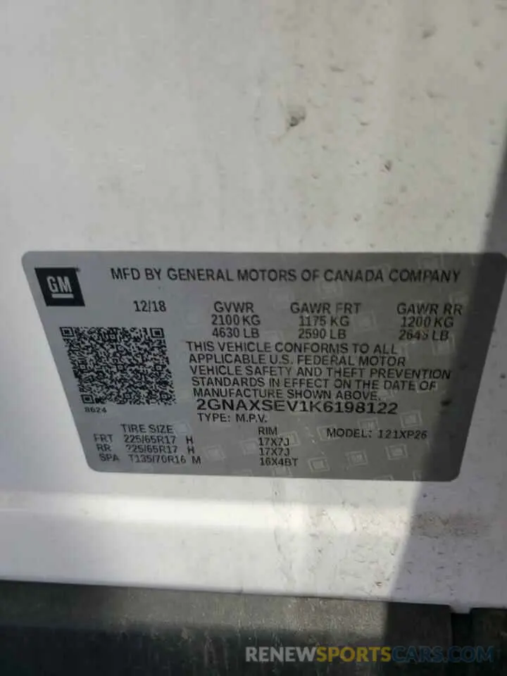 13 Photograph of a damaged car 2GNAXSEV1K6198122 CHEVROLET EQUINOX 2019