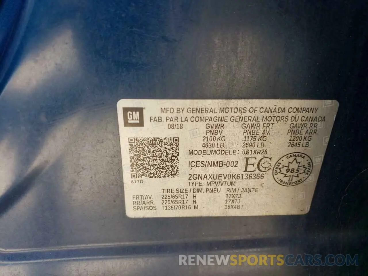 13 Photograph of a damaged car 2GNAXUEV0K6136366 CHEVROLET EQUINOX 2019