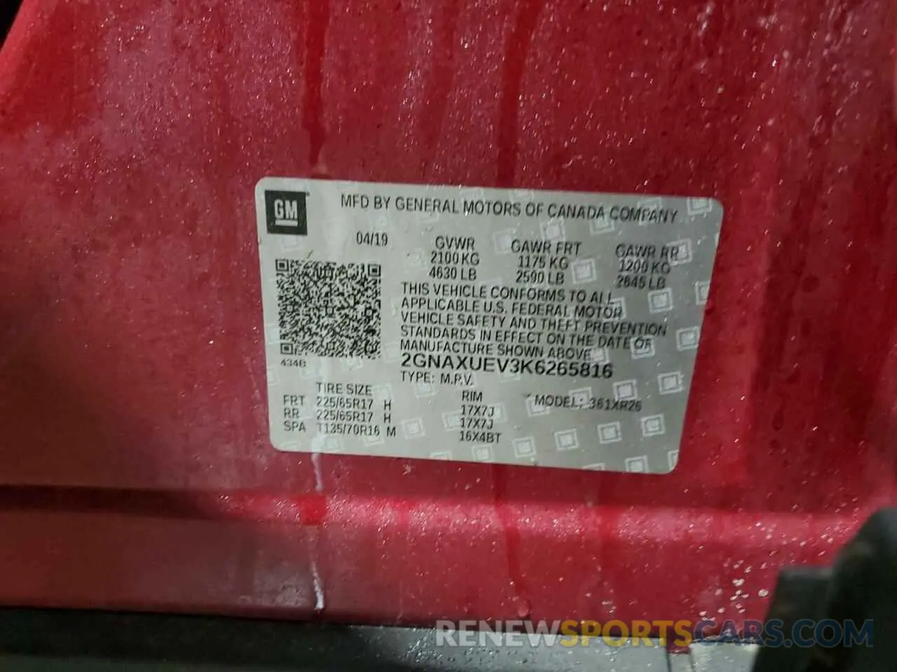 16 Photograph of a damaged car 2GNAXUEV3K6265816 CHEVROLET EQUINOX 2019