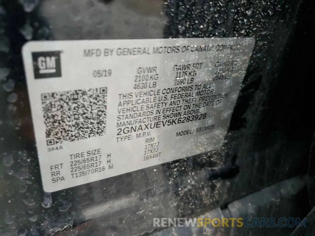 16 Photograph of a damaged car 2GNAXUEV5K6283928 CHEVROLET EQUINOX 2019