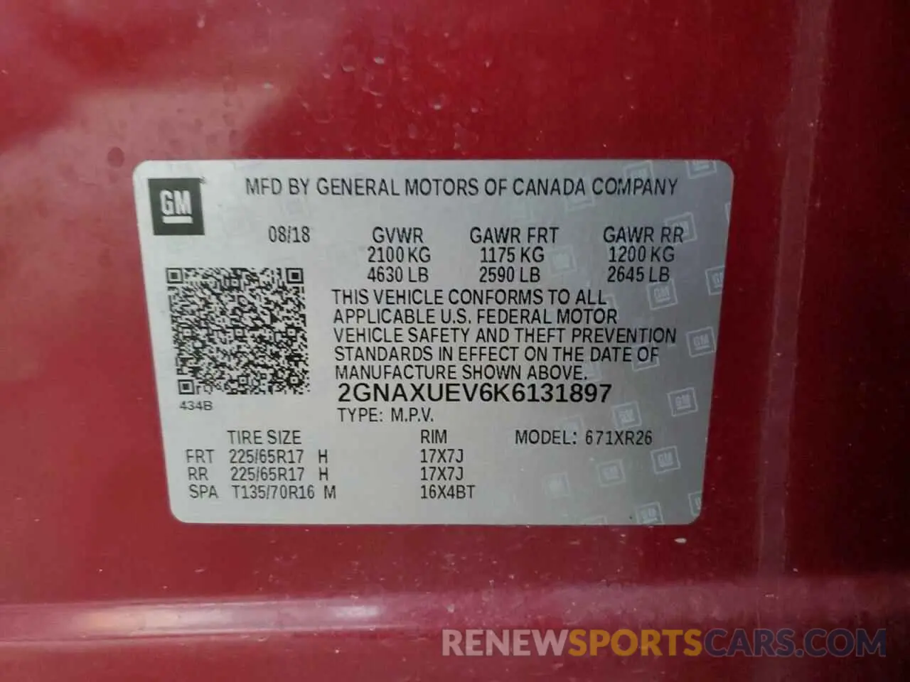 16 Photograph of a damaged car 2GNAXUEV6K6131897 CHEVROLET EQUINOX 2019