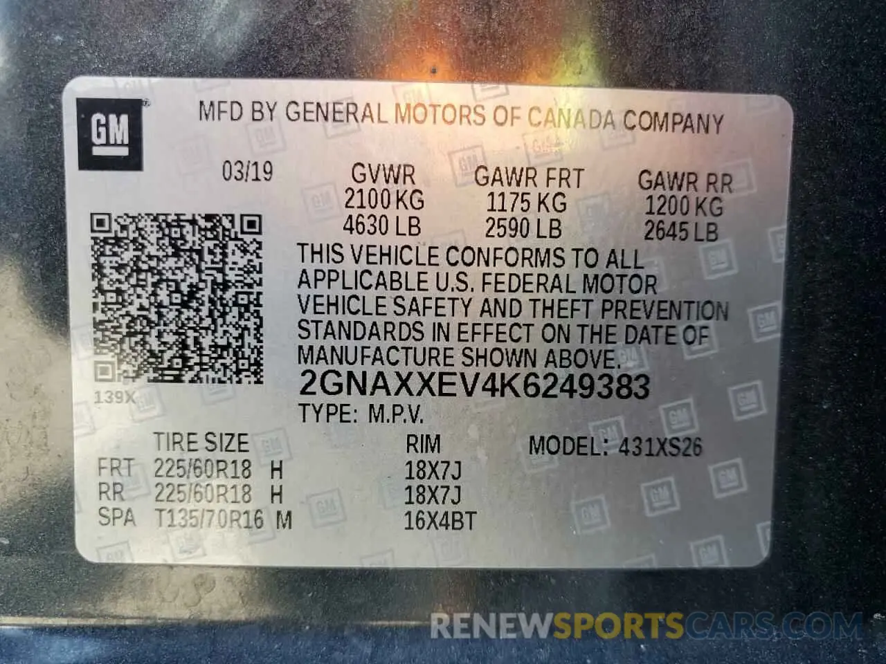 14 Photograph of a damaged car 2GNAXXEV4K6249383 CHEVROLET EQUINOX 2019