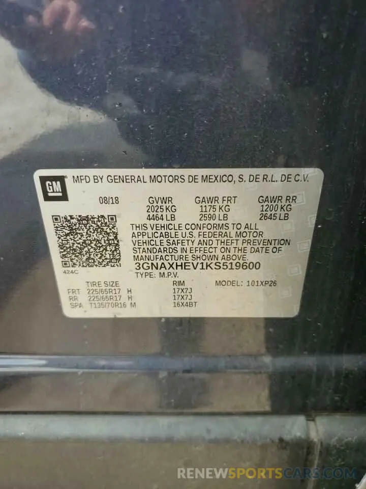 12 Photograph of a damaged car 3GNAXHEV1KS519600 CHEVROLET EQUINOX 2019