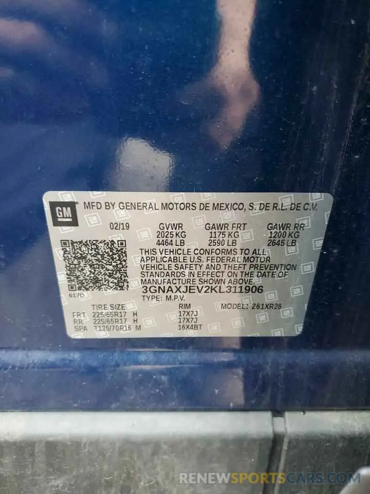 13 Фотография поврежденного автомобиля 3GNAXJEV2KL311906 CHEVROLET EQUINOX 2019