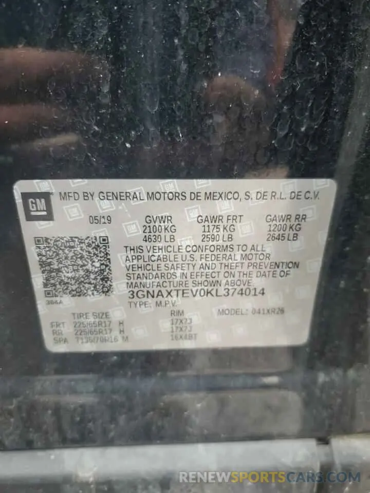 14 Photograph of a damaged car 3GNAXTEV0KL374014 CHEVROLET EQUINOX 2019