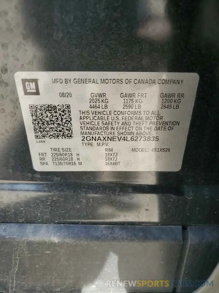 13 Photograph of a damaged car 2GNAXNEV4L6273835 CHEVROLET EQUINOX 2020