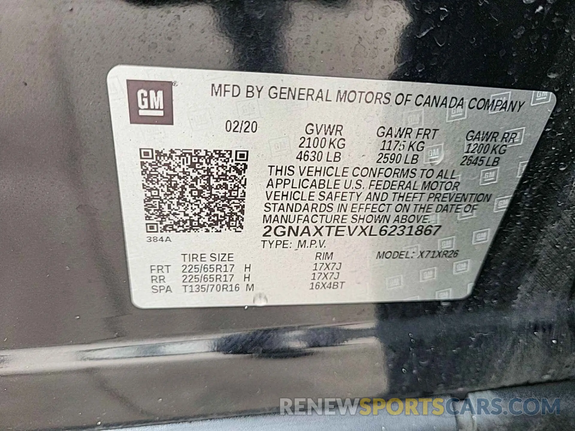 20 Photograph of a damaged car 2GNAXTEVXL6231867 CHEVROLET EQUINOX 2020
