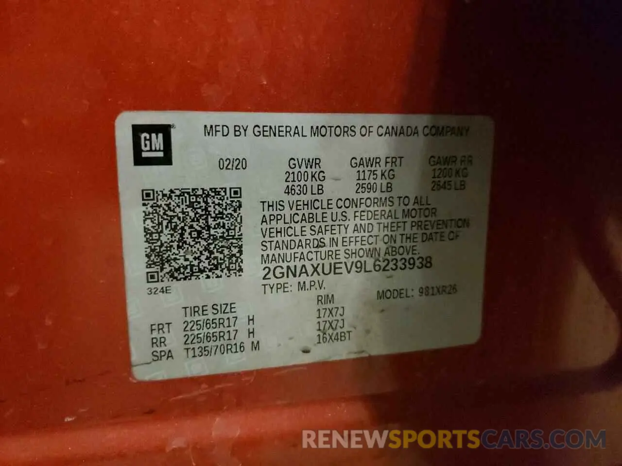15 Photograph of a damaged car 2GNAXUEV9L6233938 CHEVROLET EQUINOX 2020