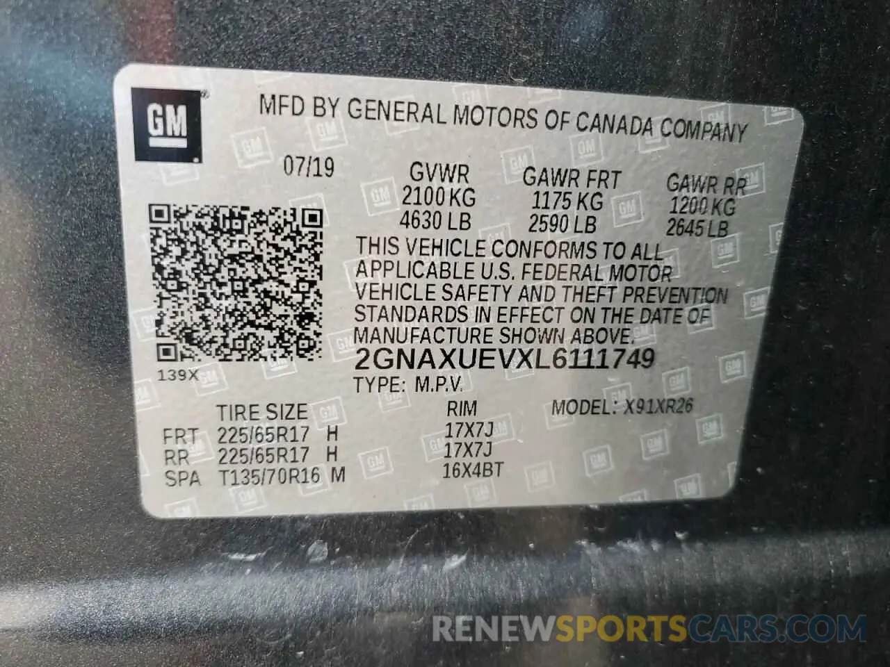 12 Photograph of a damaged car 2GNAXUEVXL6111749 CHEVROLET EQUINOX 2020