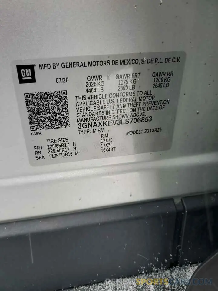 14 Photograph of a damaged car 3GNAXKEV3LS706853 CHEVROLET EQUINOX 2020
