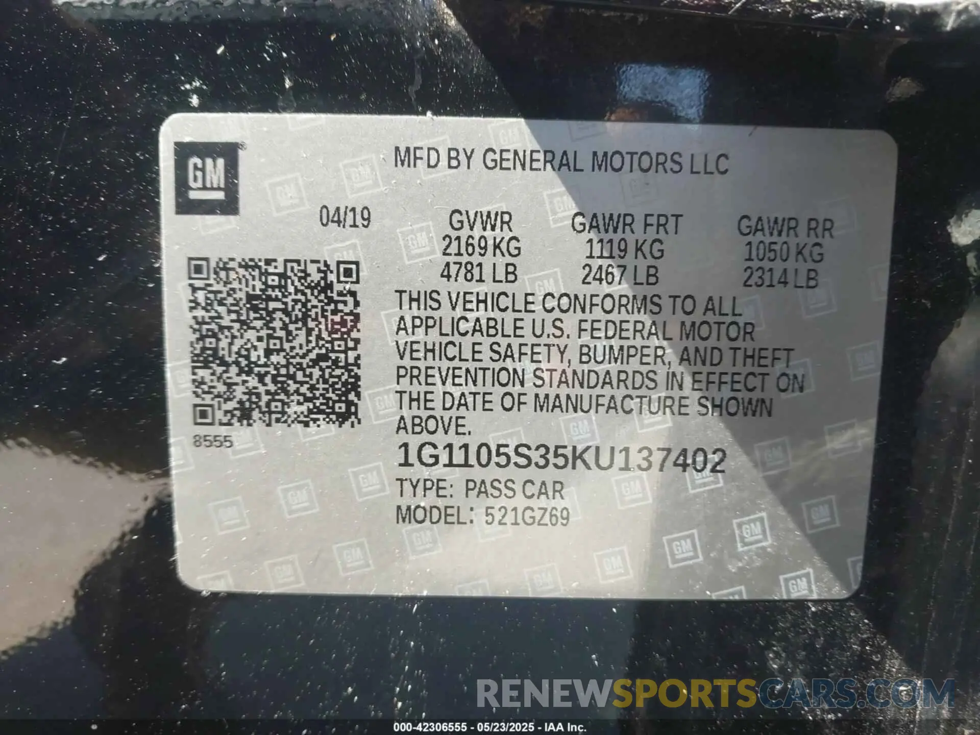 9 Фотография поврежденного автомобиля 1G1105S35KU137402 CHEVROLET IMPALA 2019