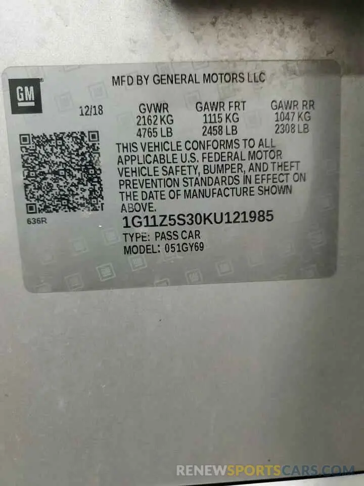 12 Фотография поврежденного автомобиля 1G11Z5S30KU121985 CHEVROLET IMPALA 2019