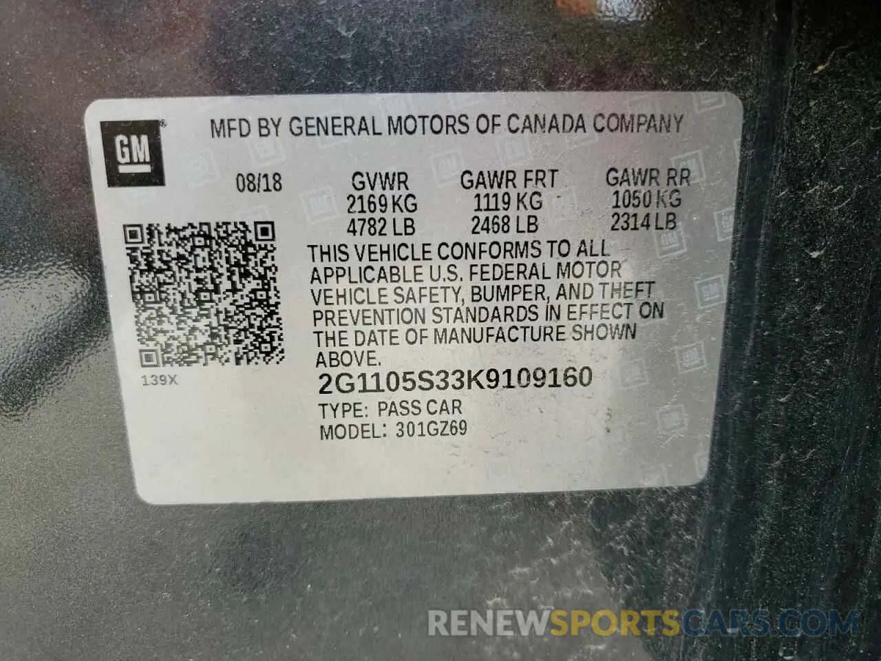 13 Photograph of a damaged car 2G1105S33K9109160 CHEVROLET IMPALA 2019
