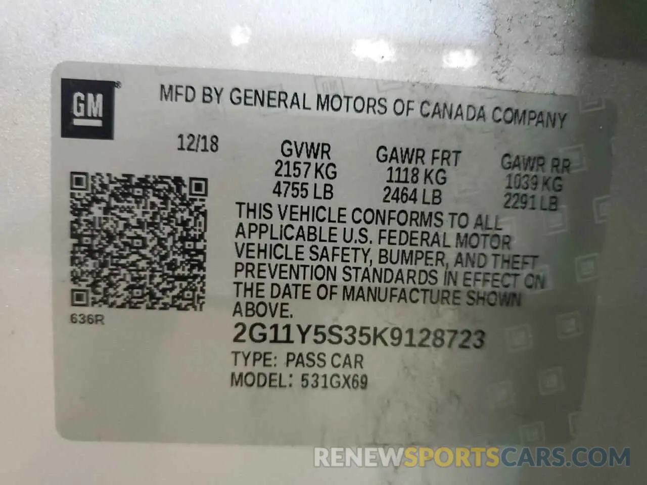 12 Photograph of a damaged car 2G11Y5S35K9128723 CHEVROLET IMPALA 2019