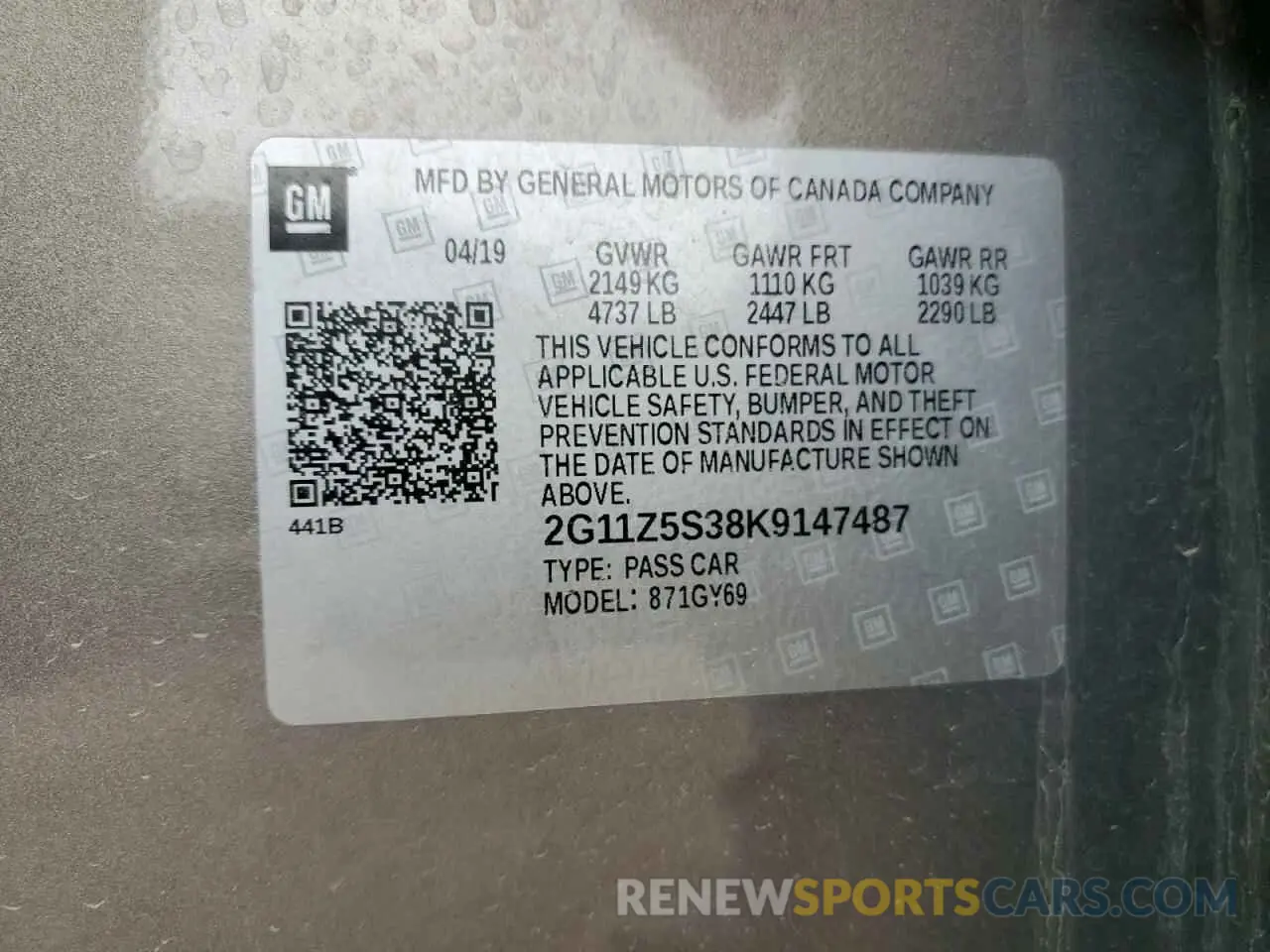 12 Фотография поврежденного автомобиля 2G11Z5S38K9147487 CHEVROLET IMPALA 2019