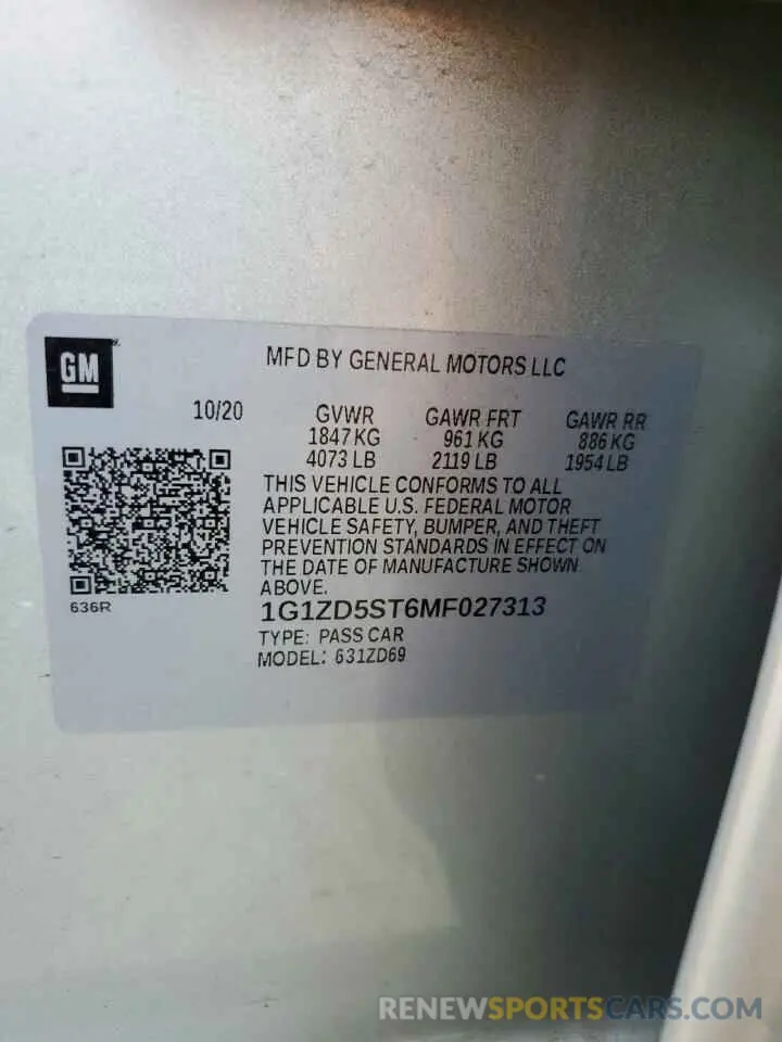 12 Фотография поврежденного автомобиля 1G1ZD5ST6MF027313 CHEVROLET MALIBU 2021